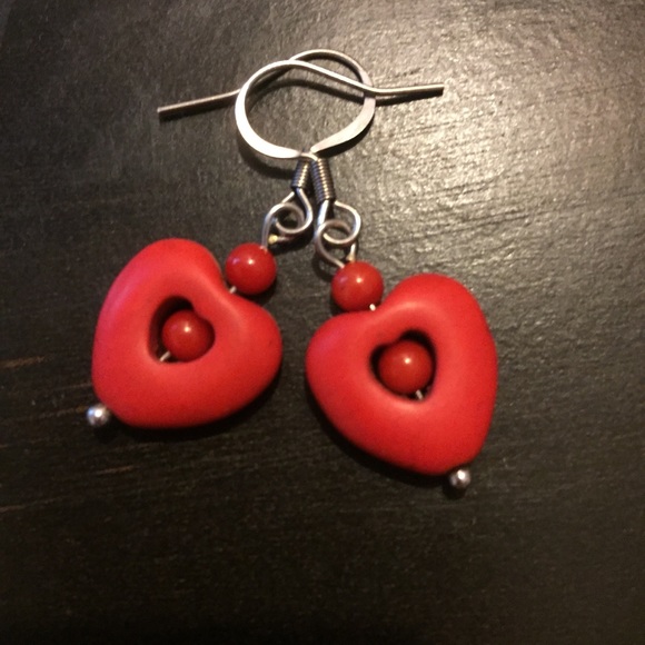 Hand Crafted Jewelry - Red heart earrings